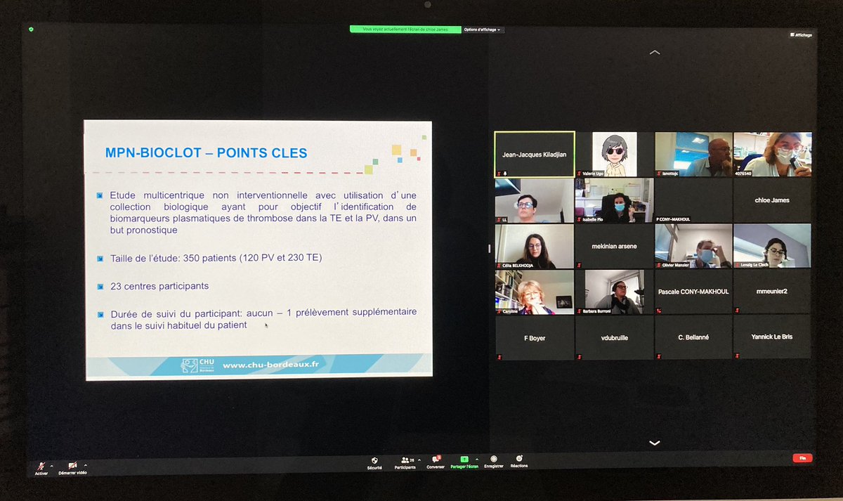 FimMpn's tweet photo. C’est parti pour les Ateliers du FIM de rentrée en #ZOOM 💪 @jjkiladjian @valerie_ugo @StephaneSgir @LegrosLaurence avec l’étude #MPNbioclot du Pr Chloé James du @CHUBordeaux #FIMBANK @chu_angers https://t.co/izOws3iNUK