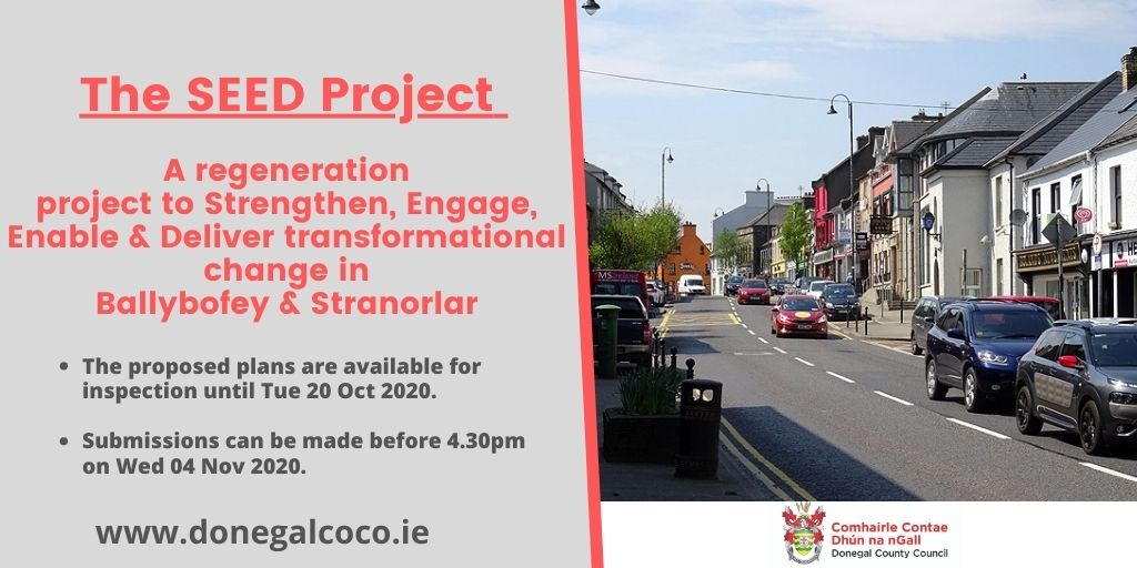 Donegal County Council (Regeneration &amp; Development Team) proposes to carry out development at BALLYBOFEY. The proposed plans are available for inspection until Tue 20 Oct, submissions can be made before 4.30pm on Wed 04 Nov. 

Info: ➡️ ow.ly/tJqh30rbbhc
#donegal