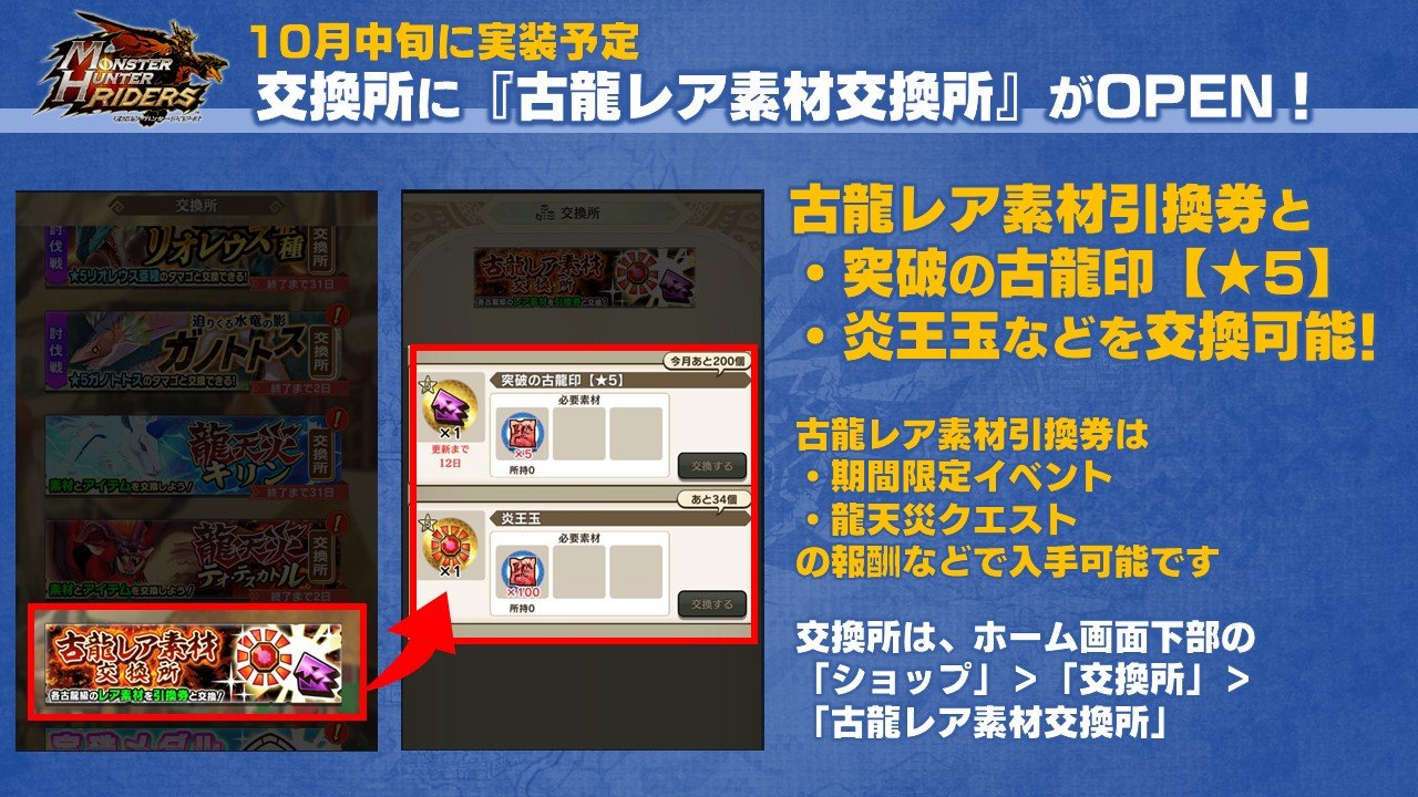モンスターハンター ライダーズ公式 開催中イベント 雪原に降る弾丸と で 突破の古龍印 5 炎王玉 に交換できる 古龍 レア素材引換券 が入手できます 10月中旬に実装予定の 古龍レア素材交換所 に向けて今から集めておくと です さらに