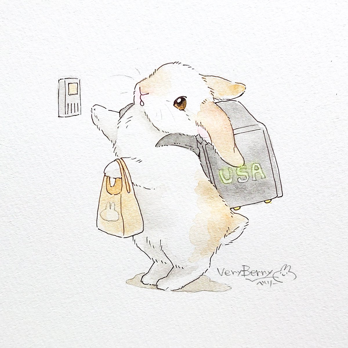 no humans bag watercolor (medium) rabbit traditional media animal focus painting (medium)  illustration images