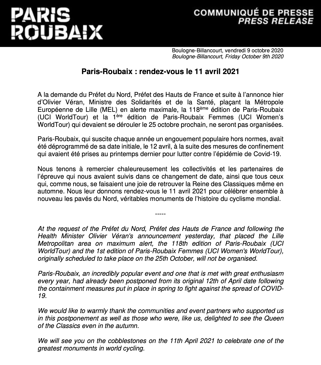 Paris Roubaix On Twitter Official Communication See You On The 11th April 2021 Communique Officiel Rendez Vous Le 11 Avril 2021 Parisroubaix Https T Co Lje77tdxoi