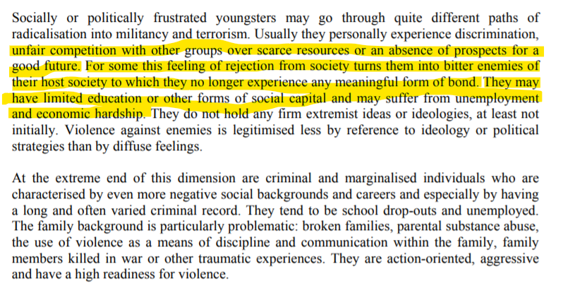 Here's a 2008 report from the European Commission warning that "unfair competition for scarce resources or an absence of prospects for a good future" are paths to "militancy and terrorism."  https://www.clingendael.org/sites/default/files/pdfs/20080500_cscp_report_vries.pdf