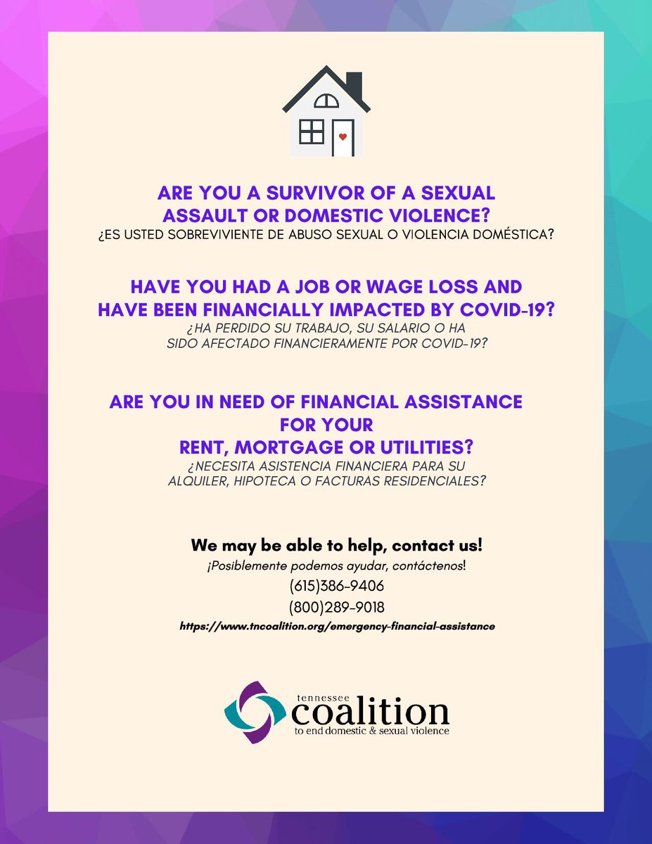 Please share far and wide with folks who have been impacted financially by COVID and also identify as a survivor of domestic or sexual violence. Tennessee Coalition to End Domestic and Sexual Violence has resources to help.