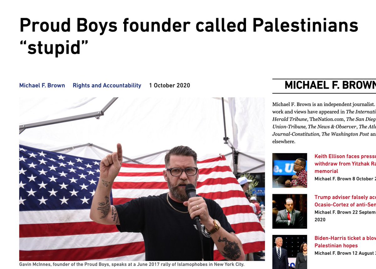 The proud boys are not allowed to be racist, They are white men who have to accept leadership by a black latino man. The only time they are allowed to be racist is if that racism was directed towards Palestinians, because they are the people that Israel is trying to exterminate.