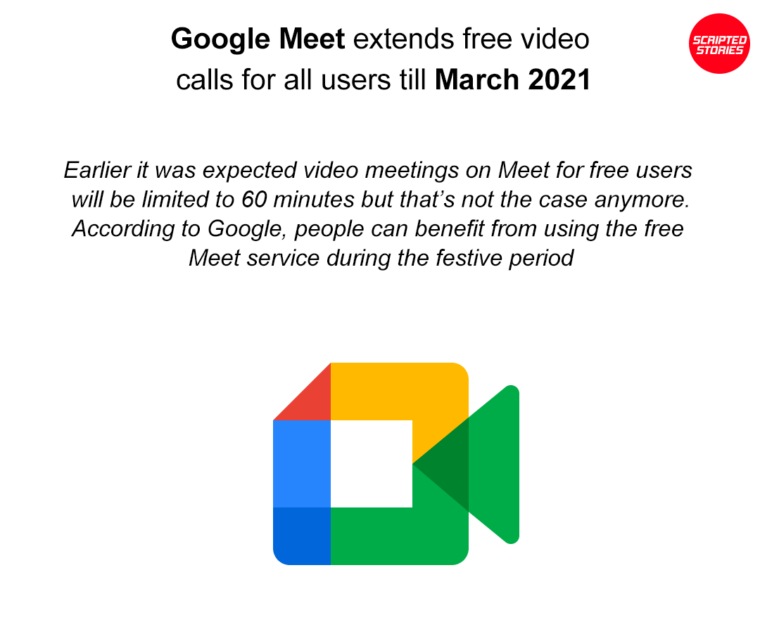 StoriesScripted's tweet photo. Google Meet extends free video calls for all users till March 2021⁣

#Google #GooglePixel4 #GoogleMeet #GoogleWorkspace #GSuite #GMail #TechnologyUpdates #TechnologyNews #Microsoft #ScriptedStories https://t.co/TDFVqaywq2