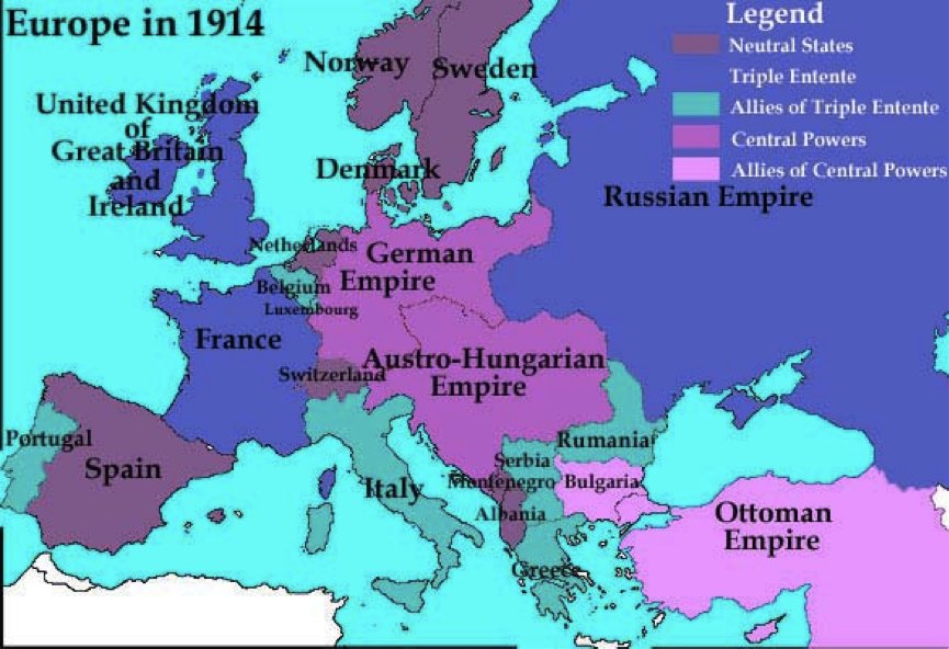 जब युद्ध शुरू हुआ तब एक तरफ अलाइड पावर्स फ्रांस, ब्रिटेन, रूस, यूएस आदि थे तो दूसरी तरफ सेंट्रल पावर्स जर्मनी, ऑस्ट्रिया-हंगरी, ऑटोमन साम्राज्य (तुर्की), आदि थे।युद्ध हार जाने के कारण सेंट्रल पावर्स के साम्राज्य का अंत तो हुआ ही परंतु इसी मध्य रूसी साम्राज्य का भी पतन हुआ।
