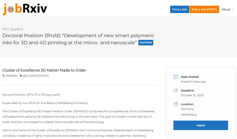 jobRxiv's tweet image. #ScienceJobs:

Doctoral Position (f/m/d): Development of new smart polymeric inks for 3D &amp;amp; 4D printing at the micro- &amp;amp; nanoscale

Cluster of Excellence 3D Matter Made to Order (@Cluster3DMM2O), Heidelberg, Germany

jobrxiv.org/job/cluster-of…

#polymerchemistry #smartinks #3dprinting