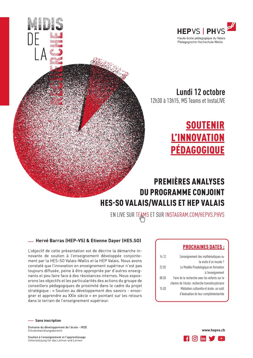 RvBarras's tweet photo. Midi recherche de la HEP-VS, lundi 12 octobre sur le soutien à l'innovation pédagogique : https://t.co/UzannDos4E 
en ligne à 12h30 : https://t.co/NbsIFyAQ0v https://t.co/FL1Vb9Tvl7
