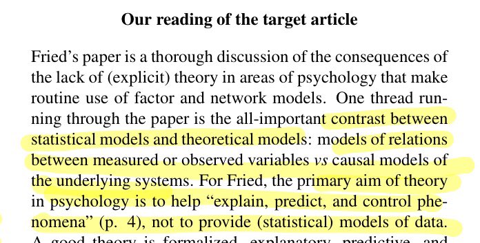 Here’s one example of that pluralism. This section made me gasp a bit bec in our work, we use statistical modeling to capture some aspect of the data generating mechanism (vs. to model relations between observed variables). i.e., we use stats theory to develop scientific theory.