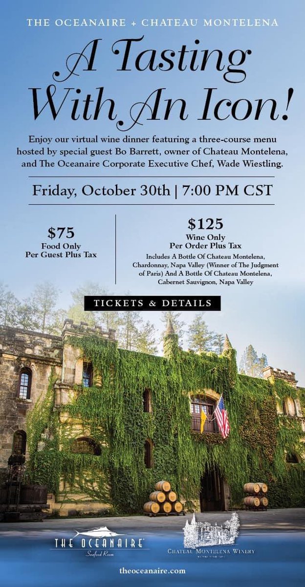 CaptSommMorgan's tweet photo. Join Bo Barrett, Wade W. Wiestling, and yours truly for an amazing evening with Chateau Montelena.
Make your reservations here:
https://t.co/MtOhA553WO @ChMontelena @NapaVintners @vintuswines #napastrong #NapaValley #wine https://t.co/ppUvEmILLi
