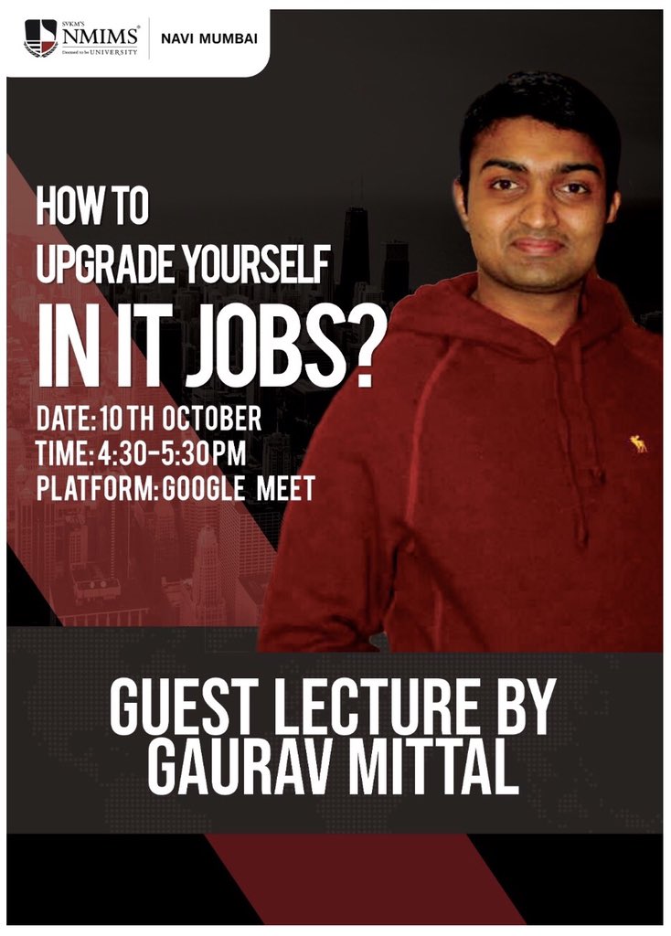 nmimsnavimumbai's tweet photo. "YOU LIVE. YOU LEARN. YOU UPGRADE."
Join our insightful lecture by Gaurav Mittal on 10th October, 2020 from 4:30 PM to 5:30 PM on Google meets.
Meeting Link:  https://t.co/Wbh0nACyGk

#nmimsnavimumbai #guestsession #it #upgrade #nmims #stme #navimumbai https://t.co/uQRXpoZ2XC