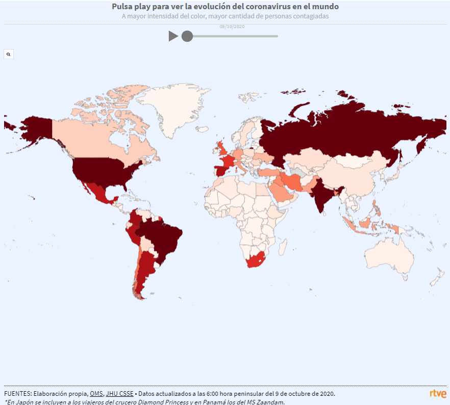 rtve's tweet photo. El mapa mundial del coronavirus: más de 36,4 millones de casos y más de un millón de muertos en todo el mundo https://t.co/gp7TRjB0Ff https://t.co/aQEwh7YriU