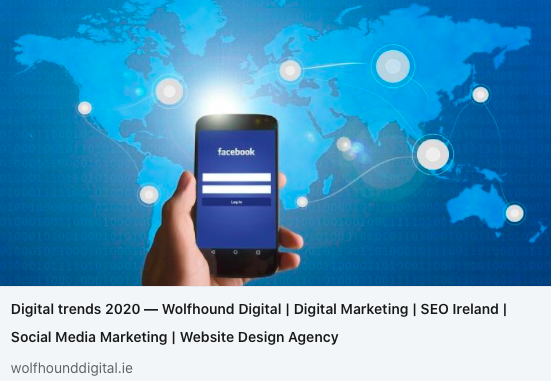 Wolfhoundigital's tweet image. Digital 2020 reports – published in partnership with We Are Social and Hootsuite 
Read what the latest digital trends are for 2020 and beyond or contact Wolfhound Digital 08510798 to learn more

#digitalmarketing #digitalmarketingireland #irishwebdesign