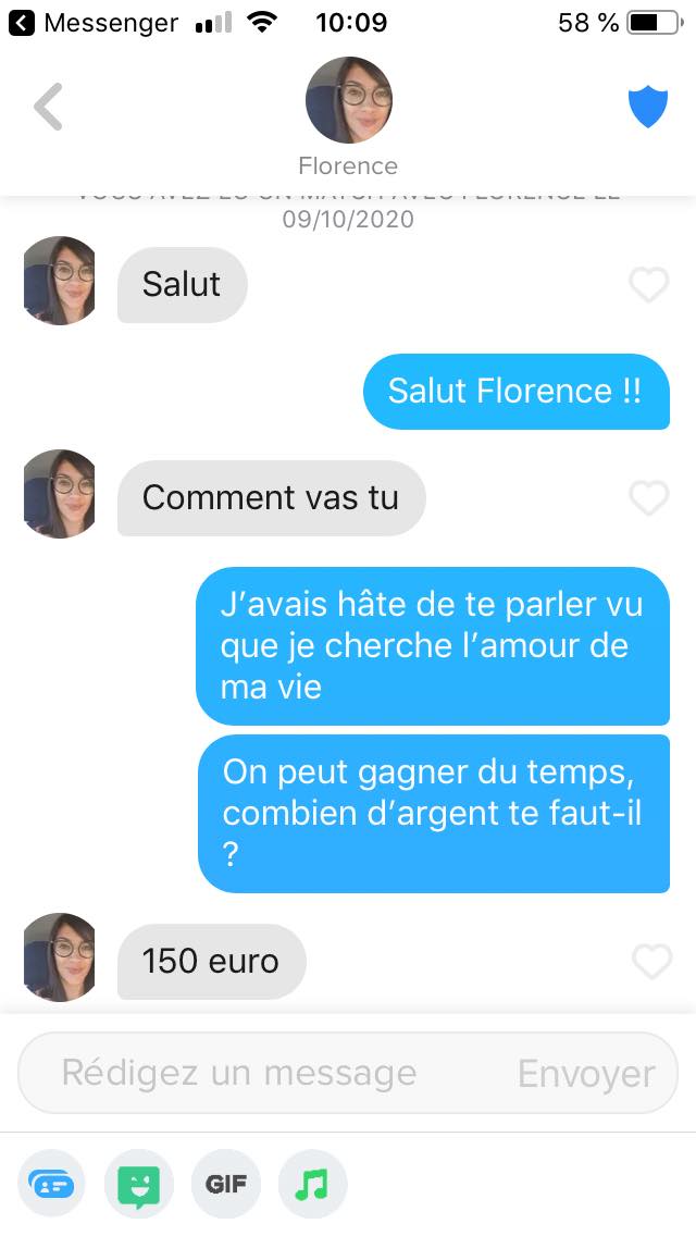 Diamond__Turtle's tweet image. Les fakes ils font même plus d'effort sur Tinder, c'est le degré 0 de l'arnaque.
Je l'ai repéré au profil, je vous partage ma conversation avec Florence du cybercafé