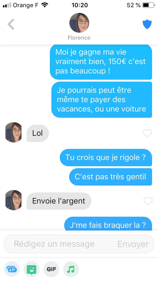 Diamond__Turtle's tweet image. Les fakes ils font même plus d'effort sur Tinder, c'est le degré 0 de l'arnaque.
Je l'ai repéré au profil, je vous partage ma conversation avec Florence du cybercafé
