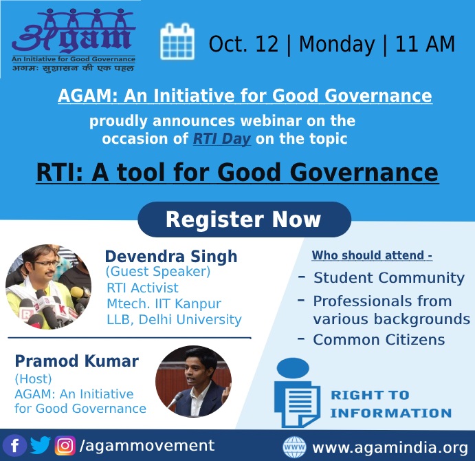 AgamMovement's tweet photo. Dear All,
Kindly find the link to register for RTI Day event titled "RTI: A Tool for Good Governance".
https://t.co/VBw1UUhaE5
Our guest speaker will be Devendra Singh, an RTI activist.
#RTIDay #RTIWeek #RightToInformation #15yearsofRTI #RTIkiPathshala #RTIwebinar
@superdevendra https://t.co/5dgqHDKfRk