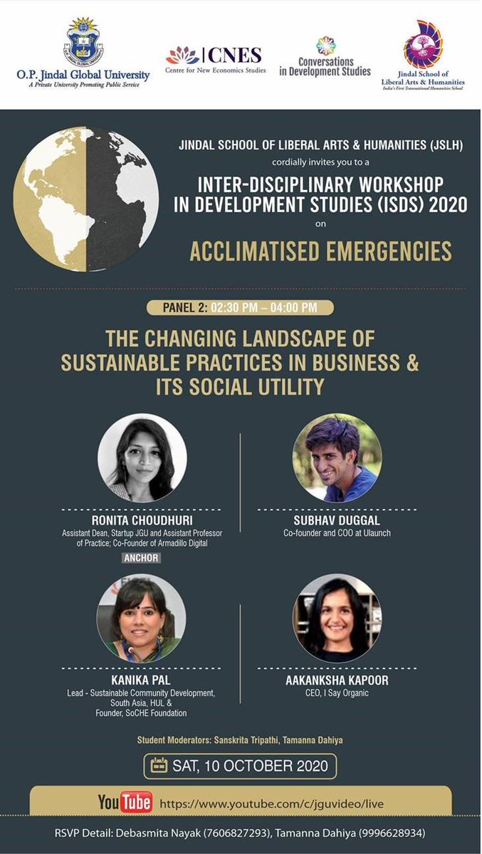 JindalGlobalUNI's tweet photo. ISDS workshop organized by #JGU, a four-part session on the theme ‘Acclimatised Emergencies’ on 10 October 2020 from 10am-6:30pm (IST).  
LIVE on:https://t.co/nxjGLHZXCa
@prats1810 @AkritiBhatiaa @RonitaChoudhuri @SardarVm @twitatreyee @UlauncherApp @ISayOrganic @KanikaPal https://t.co/oFL8S0GXDx
