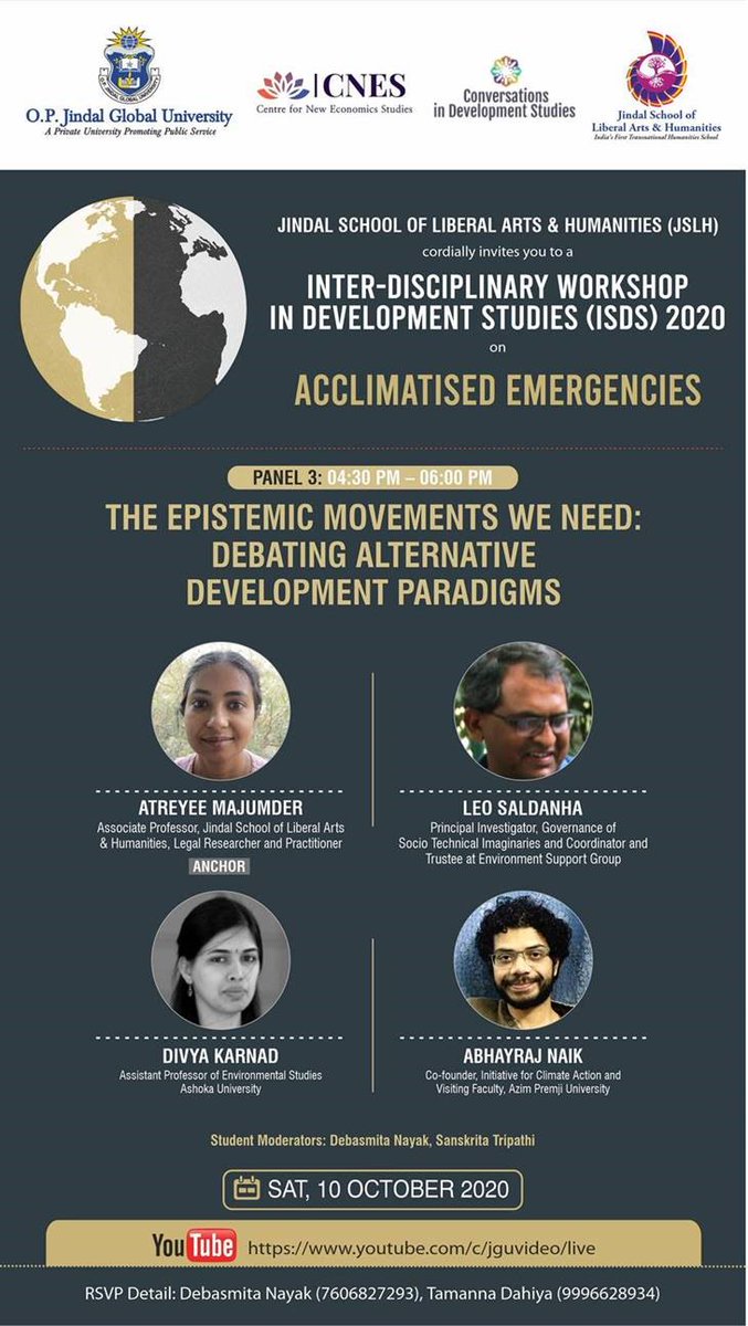 ISDS workshop organized by #JGU, a four-part session on the theme ‘Acclimatised Emergencies’ on 10 October 2020 from 10am-6:30pm (IST).  
LIVE on:youtube.com/c/jguvideo/live
@prats1810 <a href="/AkritiBhatiaa/">Dr. Akriti Bhatia</a> @RonitaChoudhuri <a href="/SardarVm/">Sardar VM Singh</a> <a href="/twitatreyee/">Atreyee Majumder</a> <a href="/UlauncherApp/">UlauncherApp</a> <a href="/ISayOrganic/">I Say Organic</a> <a href="/KanikaPal/">Kanika Pal</a>