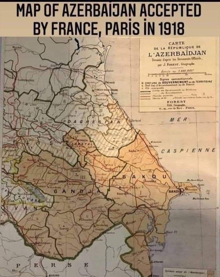 6/ And lastly, here is a map of Azerbaijan in 1918, drawn by a French cartographer, clearly showing that not only Karabag, but also a lot more is part of Azerbaijan. So, Stalin, who came to power in 1922, couldn't have GIVEN something that was already part of Azerbaijan in 1918.