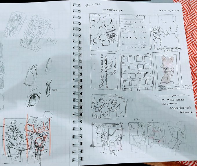 [skebまとめ本作るよ1⃣] 初回からまとめ本を作ることを想定して、skeb絵はいつも紙判型で制作してた。20枚たまる前におもむろに「本についてのらくがき」をはじめる。表1、表4、目次、描き下ろす表紙について。もちろん18禁本なので、下品と上品のバランスも考える。どっちに寄りすぎてもよくない。 