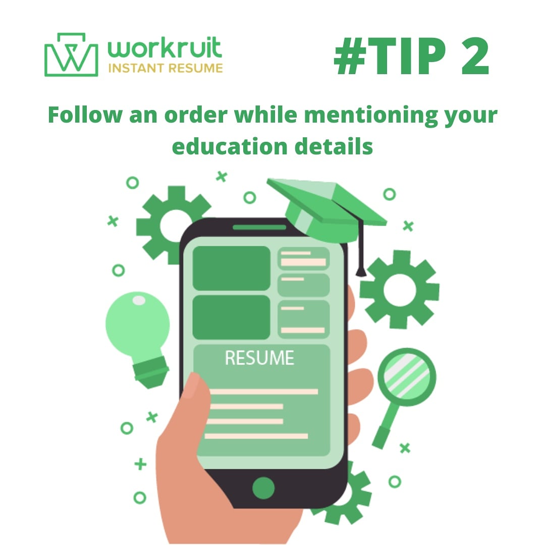 workruit's tweet photo. Tips to create an amazing resume💡
Tip 2: Always use reverse chronological order while mentioning your education details.
#Workruit #WorkruitInstantResume #ResumeTips #OnlineResume #ResumeBuilder #CurriculumVitae #ResumeFormat https://t.co/EgMt7mWUDY
