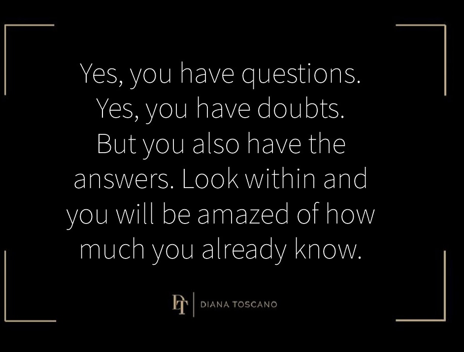 dianatcoach's tweet photo. Often we have to ask ourselves the tough questions.
Listen to yourself and be open to hear the answers.
They are within you already.
#toughquestions #answers #listentoyourself #listenfromwithin #beopen #change #growth https://t.co/97QK2MLZRe