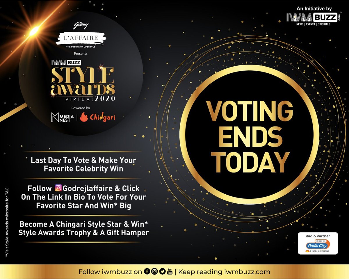 iwmbuzz's tweet photo. Voting Ends Today for #IWMBuzz Style Awards
Presented by: Godrej L'affaire
Powered by: Media Nest And Chingari
Radio partner: Radio City
Executed by: IWMBuzz Media Network
@godrejlaffaire
@radiocityindia
@MediaNestWorld
#ChingariStyleStar
#godrejlaffaire #styleawards2020 https://t.co/EpuLOKypDW