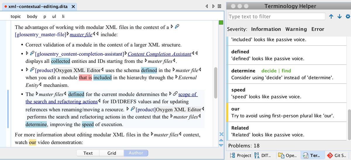radu_coravu's tweet image. Next version of @oxygenxml Terminology Checker add-on will support using Vale rules for checking. I just unleashed it on the Oxygen user&apos;s manual with the Microsoft style guide terminology vale rules, I wonder how our writers will react 😈