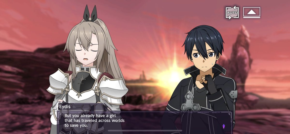 llunaxiii's tweet photo. Eydis’s expression when she’s asks if they’re married. I love how they both just confirmed who they love, Eydis with Alice and Kirito with Asuna.
But I’m guessing in this version of it Kirito’s on his own 😭 https://t.co/yOcngWIwKb