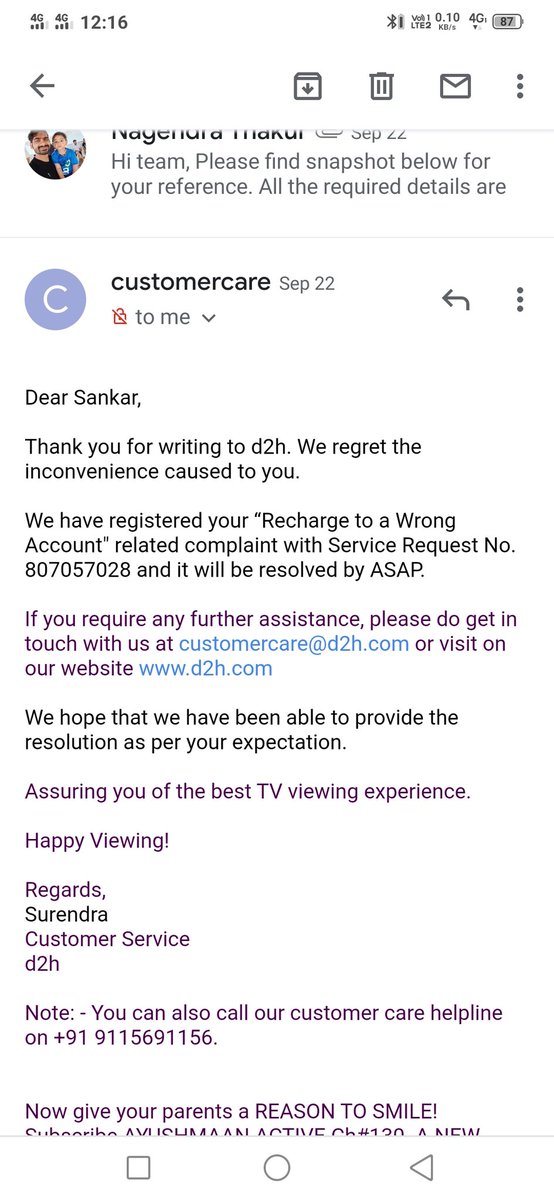 Thakur_Sahab198's tweet image. @officiald2h ##wrongrecharge 

Hi team not getting support from your team on call and mail.

3time call cut by agent .mail not respond.. what is the status of my complaint.