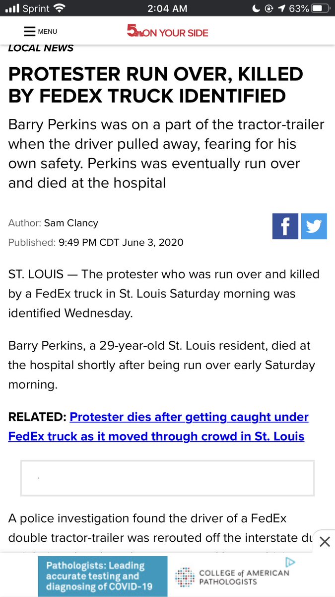 Barry Perkins was run over by a FedEx truck. Truck was rerouted due to the highway closures. Barry made a bad decision to jump on the truck and got run over between the trailer. I remember that. Tragic. 12)