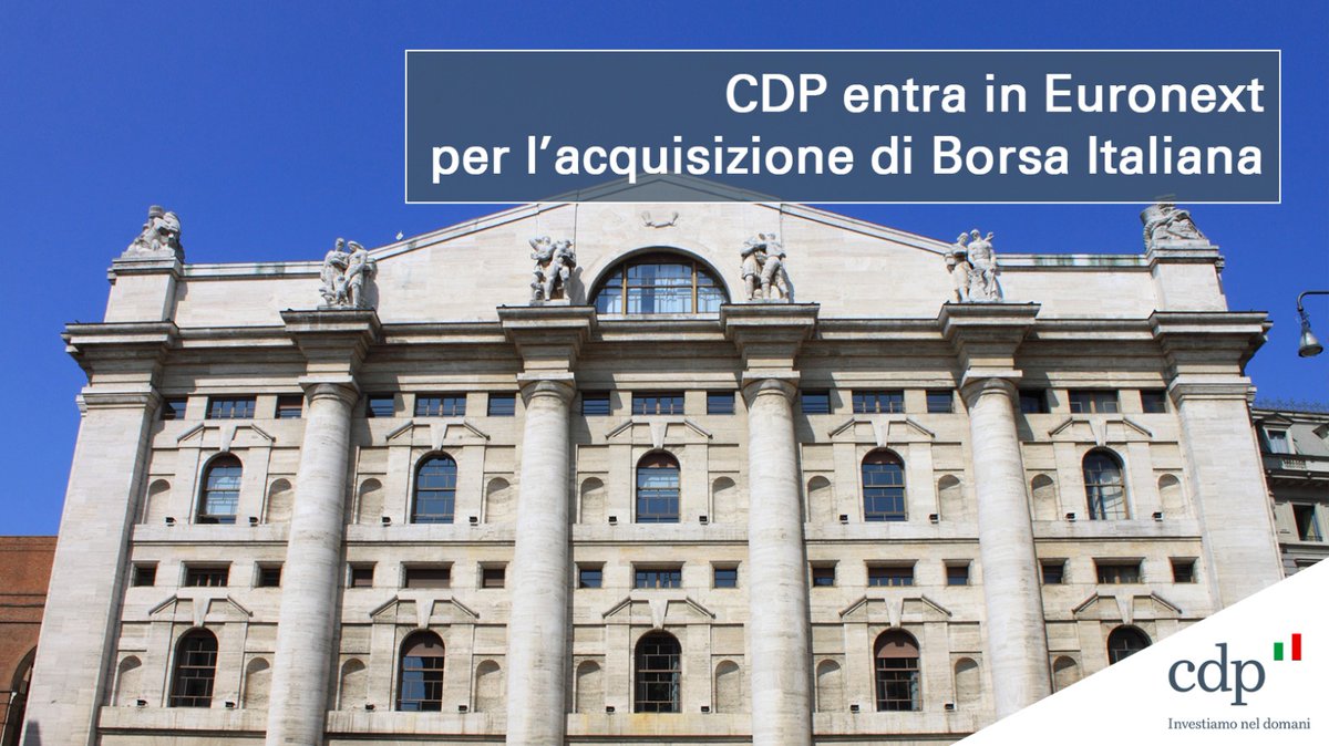 CDP entra in @Euronext per acquisire #BorsaItaliana, rafforzando il ruolo italiano nel mercato dei capitali europeo. Sosteniamo infrastrutture strategiche come la Borsa, principale hub di raccolta di capitale azionario e obbligazionario per le imprese 🇮🇹 bit.ly/CDP_EuroNext_B…
