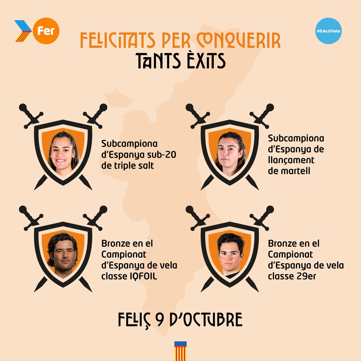 ProyectoFER's tweet image. El 9 d'octubre és un dia per a rememorar conquestes.

Volem retre homenatge als nostres esportistes que, després del confinament, han tornat a conquerir el podi.

Feliç 9 d'octubre! 

#9Octubre #EsPotFER #EActíVate