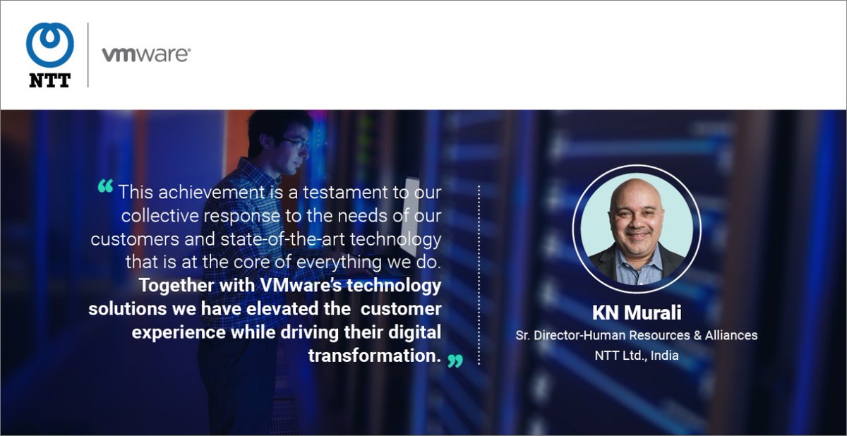 nttdata_inc's tweet image. We’re delighted to share that #NTTLtdIndia has been awarded Master Services Competency Certification in Network Virtualization and Data Centre Virtualization by @VMwareIN.

#TechforGood #IntelligentNetworking @knmurali63