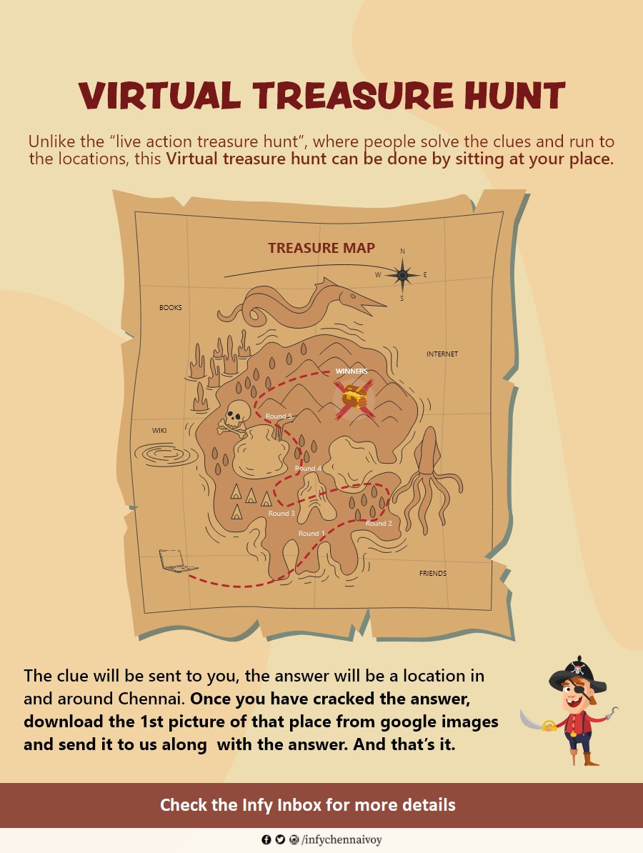 infychennaicm's tweet photo. Not all Treasure is Silver and Gold, mate.. Check Infy Inbox for more details #InfyDiaries #InfyChennaiVoY #InfyChennaiDC #VirtualTreasureHunt https://t.co/ifB3DwVDs1