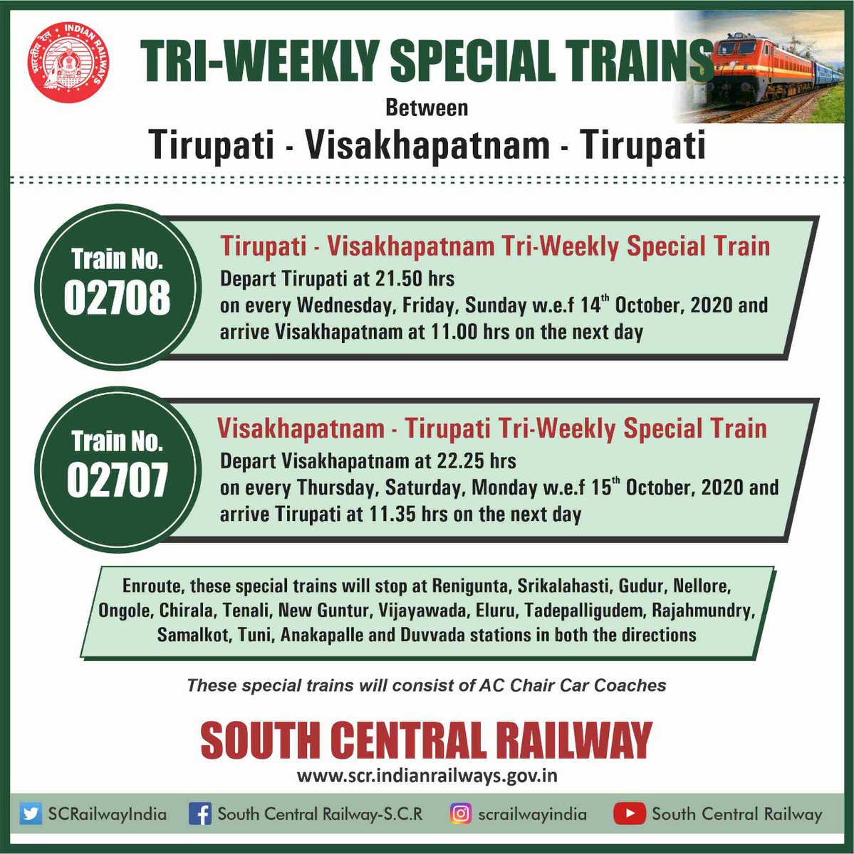 South Central Railway Tirupati Visakhapatnam Tirupati Tri Weekly Special Trains Railminindia