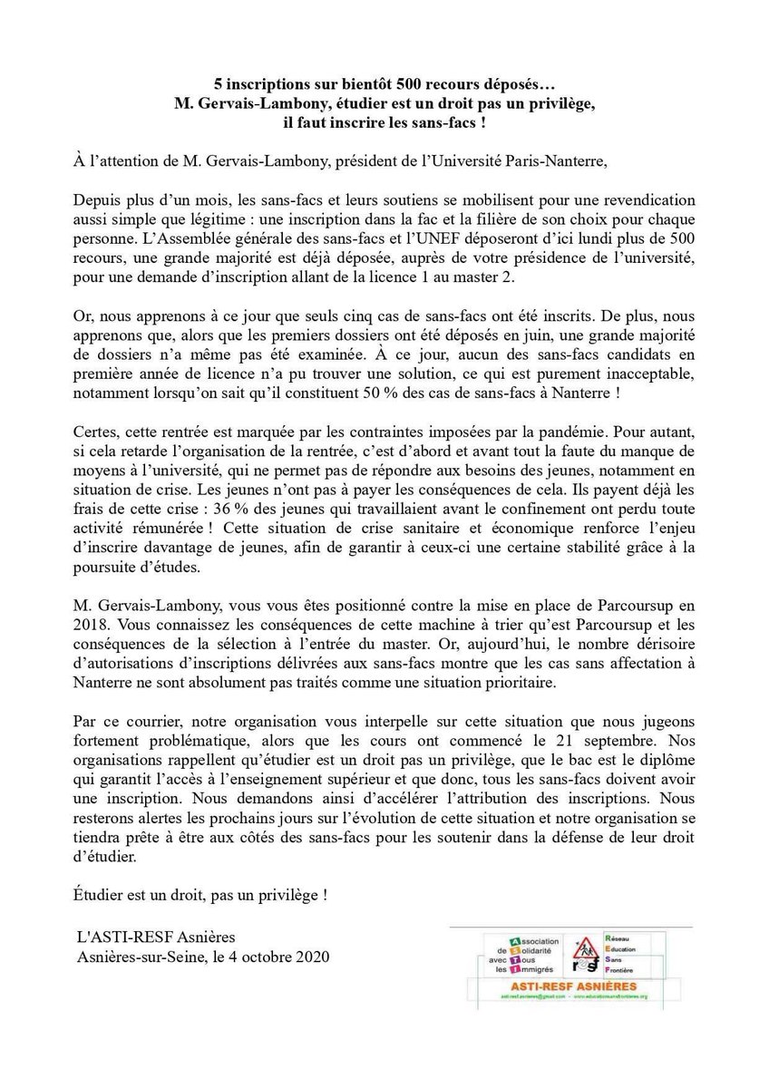 uneftacle's tweet photo. [Motion de Soutien de RESF à la mobilisation des sans-fac]

RESF 95, RESF 92, RESF Argenteuil et RESF Asnières ont envoyés une motion de soutien à la présidence de l’université en solidarité avec les sans-fac de mobilisé.e.s depuis plus d’un mois pour avoir une place à la fac. https://t.co/uzaAi6BWCZ