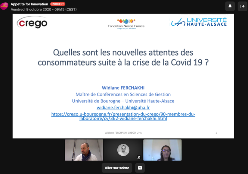 VitagoraGNS's tweet photo. En direct, première conférence à #AppetiteForInnovation: @WFerchakhi du @CREGO_EA7317 va nous présenter les 1ers résultats d'une étude qualitative sur les comportements alimentaires pendant le confinement #covid19 #tendances #alimentation https://t.co/cFmXjUdNSA