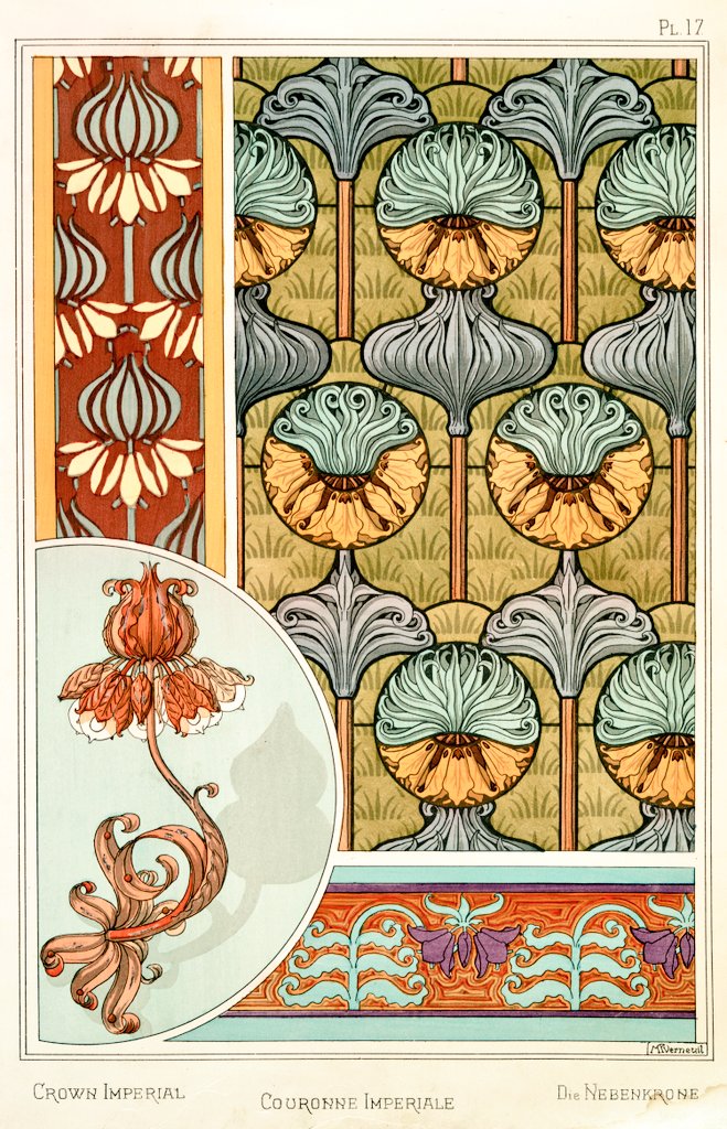 6/ Art Nouveau flower and plant designs from 1896."Crown Imperial". Image 1 and 2 by M.P. Verneuil. Image 3 by J. Milesi.