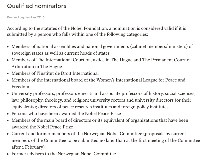 PS:- Tons of different institutes can nominate- Deadline for nomination is 31 Jan- They decide on the winner in SeptemberSo nomination is meaningless & anyone who suddenly became important between Feb-Oct will not win.
