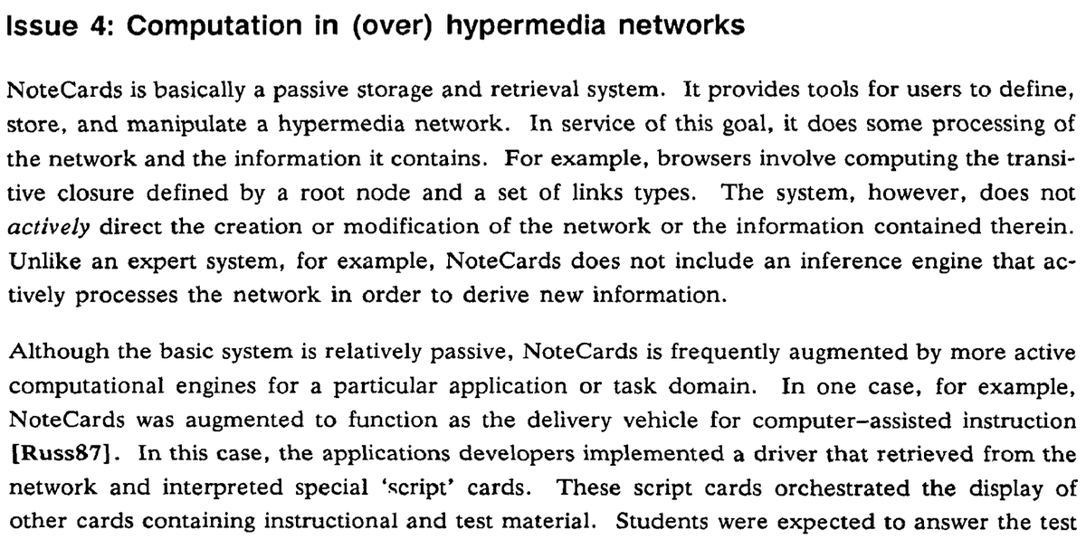 Recently,  @Conaw asked me about old papers of interest to  @RoamResearch. These 7 Issues for the Next Generation of Hypermedia Systems from the 80s should feel quite familiar. Hypermedia computation section very relevant to  @sritchie's interests. /cc  @mkvlr http://citeseerx.ist.psu.edu/viewdoc/download?doi=10.1.1.124.1996&rep=rep1&type=pdf