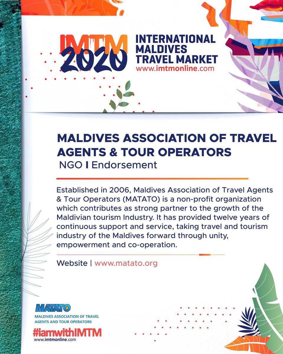 imtmonline's tweet photo. Maldives Association of Travel Agents &amp; Tour Operators (MATATO) endorses International Maldives Travel Market (IMTM) 2020.
@matatoMV 

📷: @eyeschipha 

#imtm #imtm2020 #imtm2020vitual #visitmaldives #maldives #iamwithimtm #travelandtrade https://t.co/2y8GOSJVEB