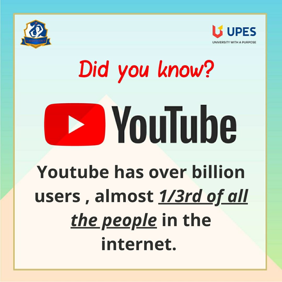 ManthanUpes's tweet photo. Presenting you "Manthan friYay"😜 a whole new series that brings you AMAZING FACTS from the MARKETING sector.🤯🤓

DID YOU KNOW? 💁‍♀️

How many of you are addicted to YouTube?
..
#Didyouknow #facts💯 #Youtube #marketingstrategy #upes #manthan2020  #learning #funlearning #difference https://t.co/lolu9P1Xsk