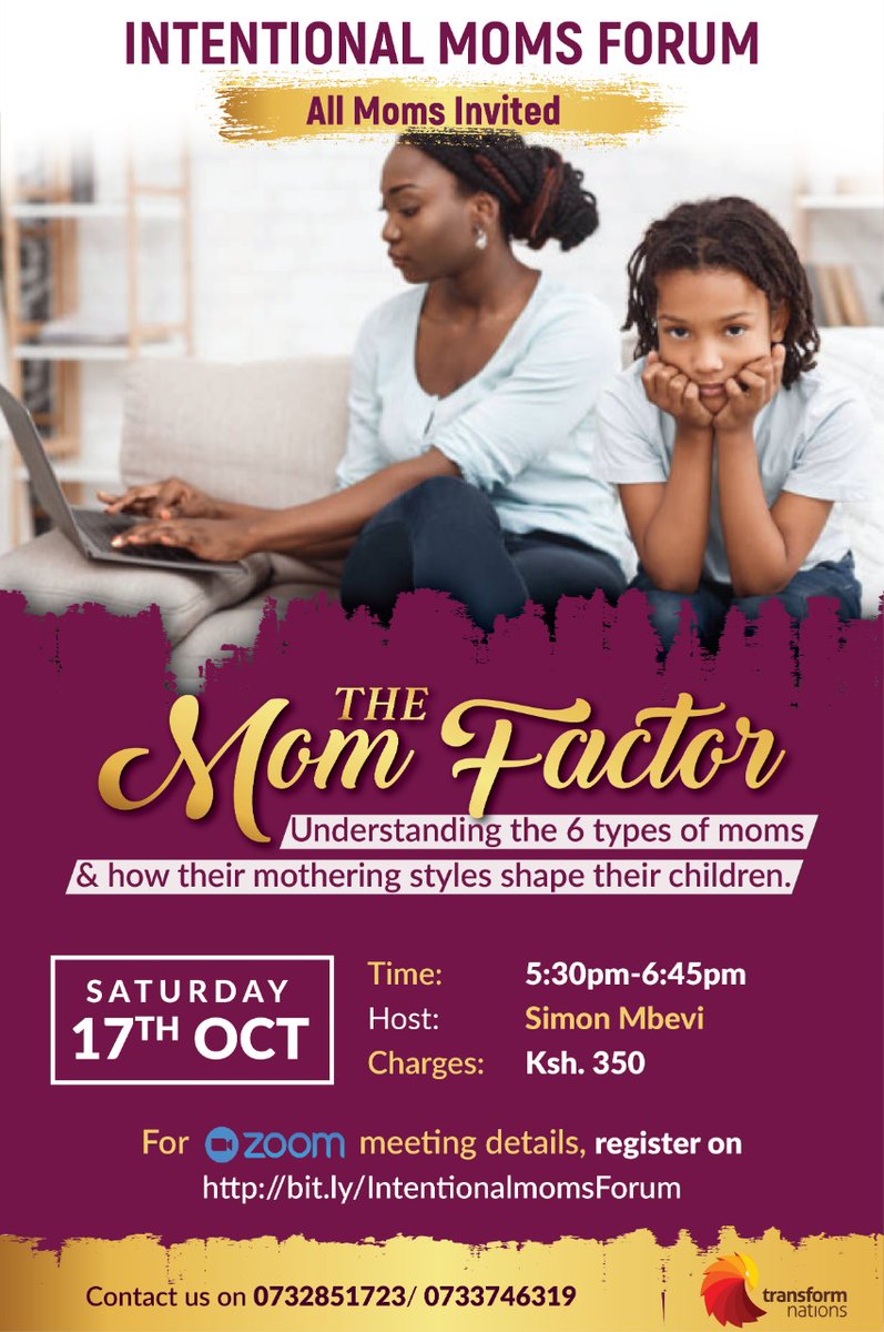 Hello mom. 

Did you know that you mother out of who you are? And so of the 6 types of moms.

Which one are you?
Join us!

Venue: ZOOM
Host: Simon Mbevi
Cost: Ksh 350
Payable to;
paybill No:374304
A/C No: Your Name/IMF

To sign up, click the link

bit.ly/Intentionalmom…