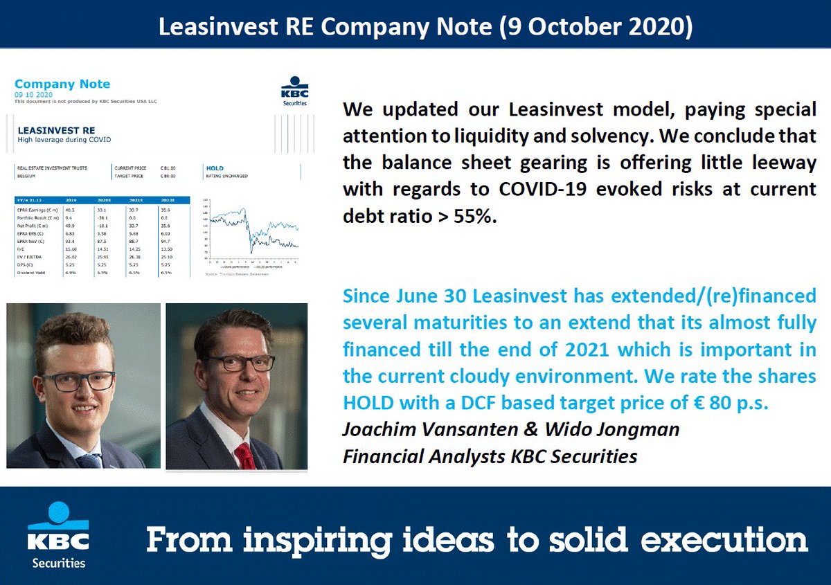 We published a company note on Leasinvest titled “High leverage during COVID” as we updated our Leasinvest model, paying special attention to liquidity and solvency. We rate the shares HOLD with a DCF based target price of € 80 p.s.