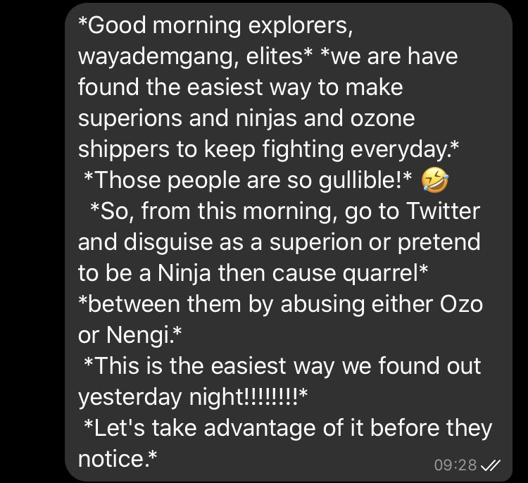 #BBNajia 

Dear superions n ninjas n Ozones please take note y'all letting haters use u for their own motives 

#PresidentOZO 
#Ninjas4Nengi