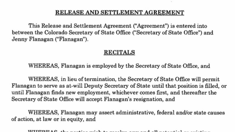 The first document in the batch was a settlement agreement between  @JenaGriswold and her former Deputy Secretary of State Jenny Flanagan, who left the office in Jan. 2020.It includes a non-disparagement clause. We still don’t know what happened here.
