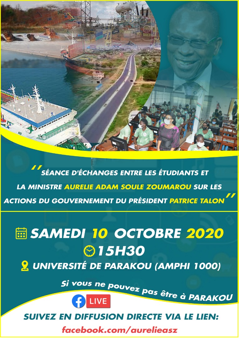 AurelieASZ's tweet photo. Chers internautes,
Je serai ce samedi à l'université de Parakou où j'aurai une séance d'échanges avec les étudiants sur les actions de @gouvbenin
Je vous invite à prendre le rendez-vous dès 15h30 sur ma page Facebook pour suivre en direct la rencontre et poser vos questions. https://t.co/Mvq3AB8ooB