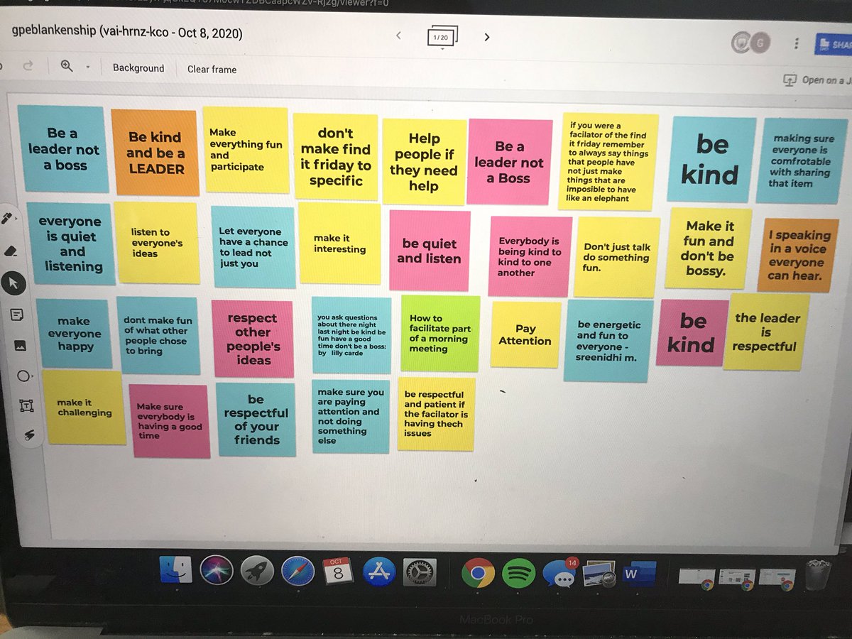 MrsBtheIFT's tweet photo. We had our first S facilitated morning meeting! I’ve been challenging myself to find ways to bring brick&amp;mortar virtual! I❤️letting Ss take ownership of OUR classroom! Yesterday, we made a jamboard discussing norms of facilitation, today we started! #GoGPGators @GoshenPostES https://t.co/Cof1VO6gmG
