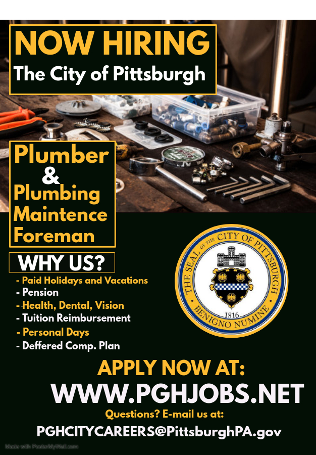 Have a background in supervising, directing a crew of Plumbers in the repairing, replacement, maintenance and installation? Experienced in repairing, replacing and maintaining all types of piping, controls and plumbing fixtures? Join our team of Plumbers! PGHJOBS.NET